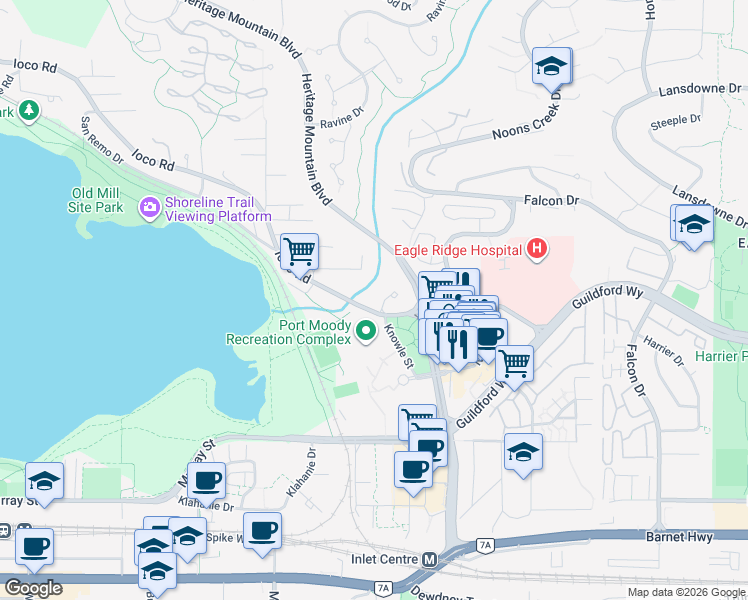 map of restaurants, bars, coffee shops, grocery stores, and more near 300 Maude Road in Port Moody