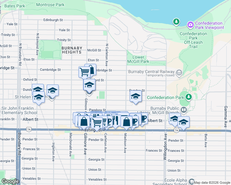 map of restaurants, bars, coffee shops, grocery stores, and more near 4240 Dundas Street in Burnaby