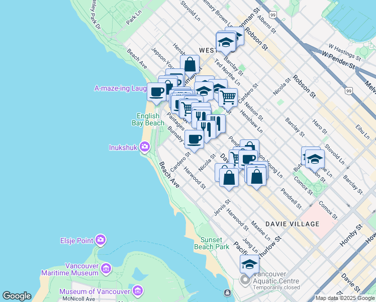 map of restaurants, bars, coffee shops, grocery stores, and more near 1265 Cardero Street in Vancouver