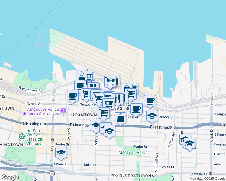 map of restaurants, bars, coffee shops, grocery stores, and more near in Vancouver