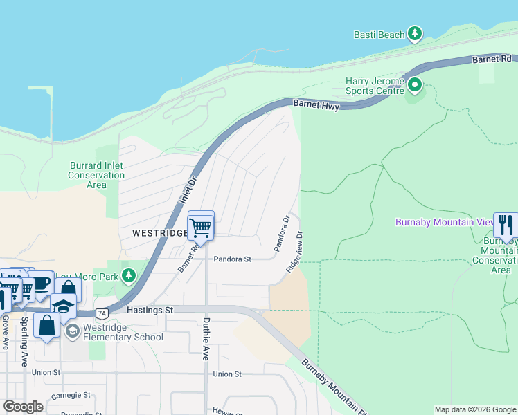 map of restaurants, bars, coffee shops, grocery stores, and more near 7275 Ridge Drive in Burnaby