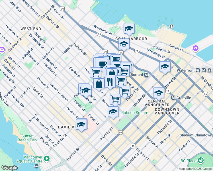 map of restaurants, bars, coffee shops, grocery stores, and more near in Vancouver