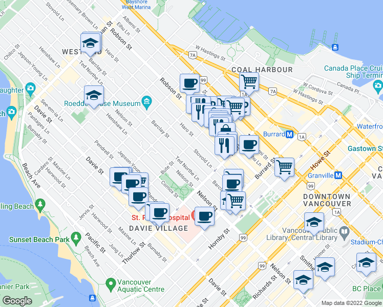 map of restaurants, bars, coffee shops, grocery stores, and more near in Vancouver