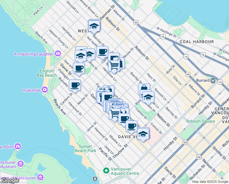 map of restaurants, bars, coffee shops, grocery stores, and more near in Vancouver
