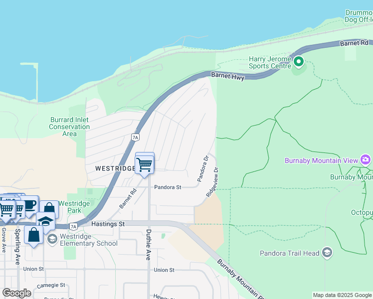 map of restaurants, bars, coffee shops, grocery stores, and more near 7275 Ridge Drive in Burnaby