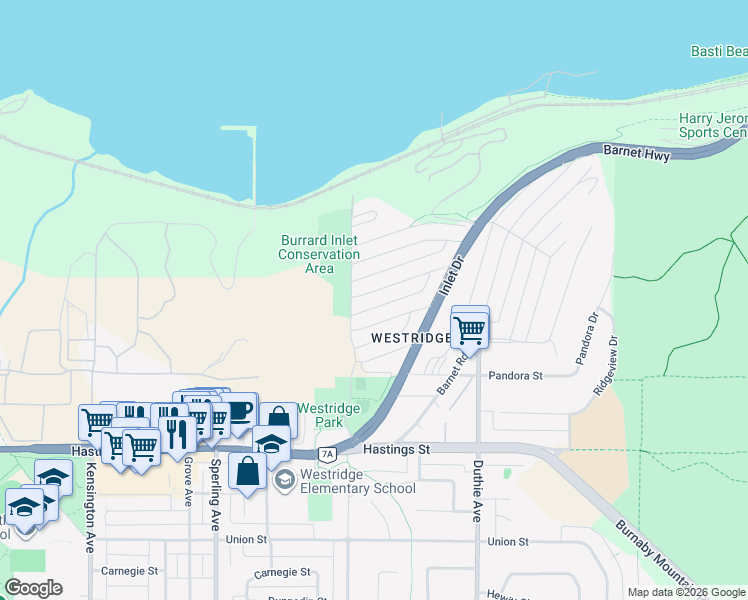 map of restaurants, bars, coffee shops, grocery stores, and more near 7016 Sierra Drive in Burnaby
