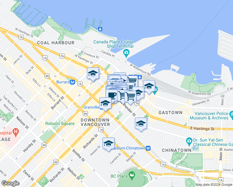 map of restaurants, bars, coffee shops, grocery stores, and more near 601 West Pender Street in Vancouver