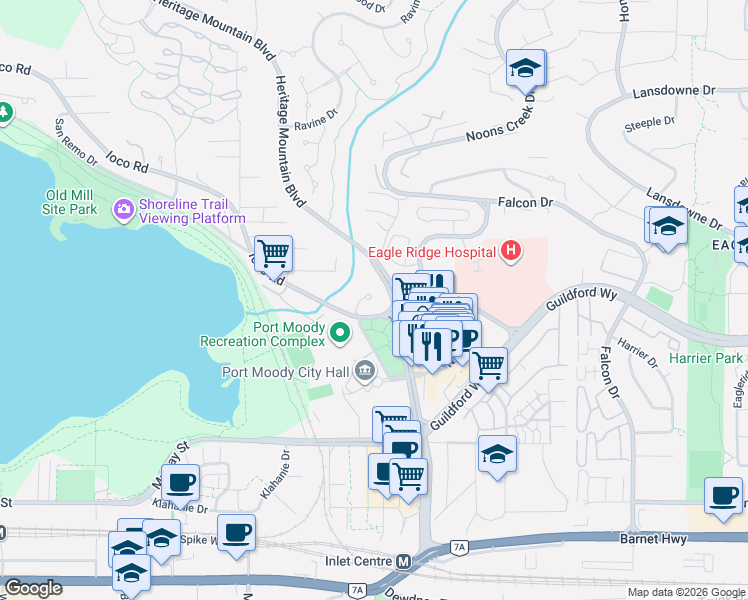 map of restaurants, bars, coffee shops, grocery stores, and more near 301 Maude Road in Port Moody