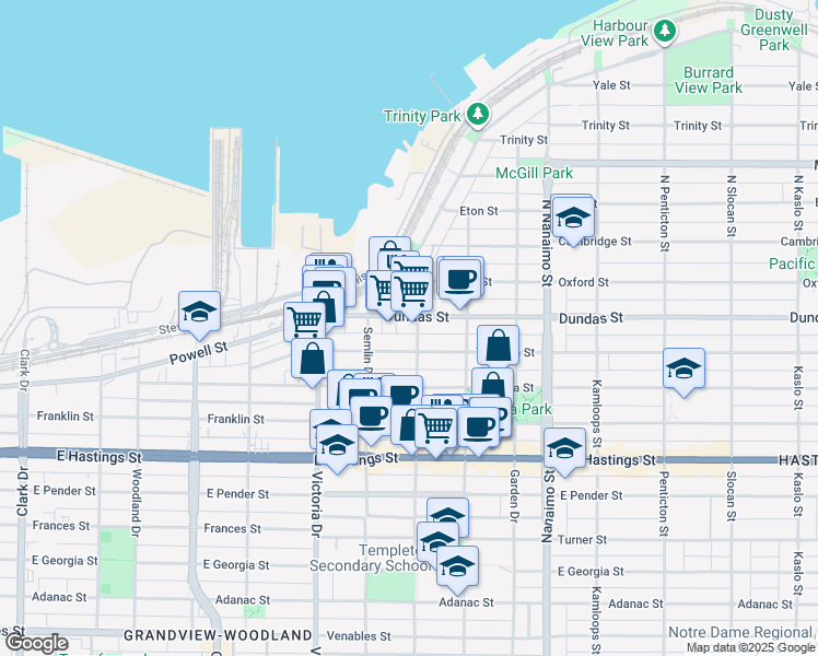 map of restaurants, bars, coffee shops, grocery stores, and more near 55 Lakewood Drive in Vancouver