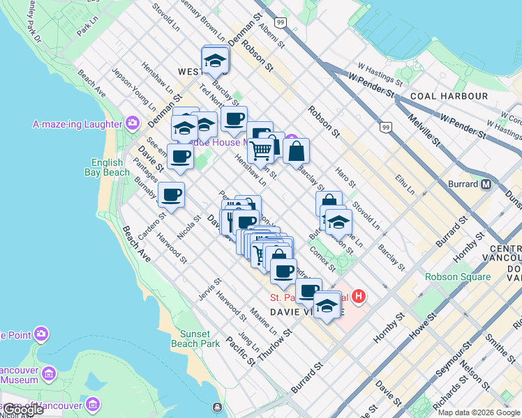 map of restaurants, bars, coffee shops, grocery stores, and more near in Vancouver
