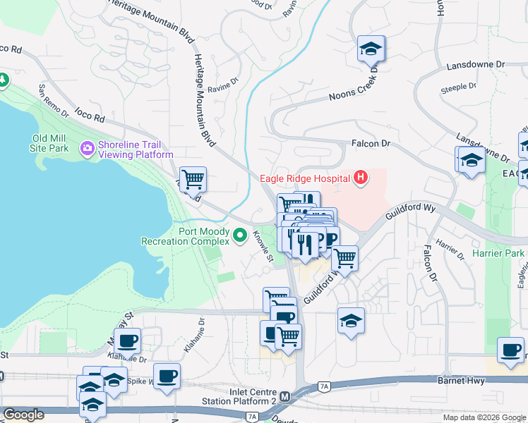map of restaurants, bars, coffee shops, grocery stores, and more near 301 Maude Road in Port Moody