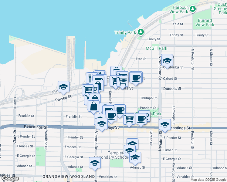 map of restaurants, bars, coffee shops, grocery stores, and more near in Vancouver