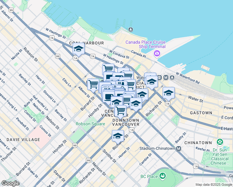 map of restaurants, bars, coffee shops, grocery stores, and more near 888 Dunsmuir Street in Vancouver