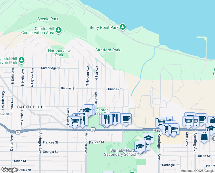 map of restaurants, bars, coffee shops, grocery stores, and more near 4 North Warwick Avenue in Burnaby