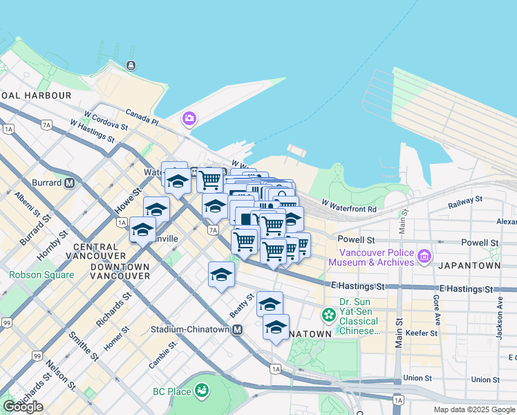 map of restaurants, bars, coffee shops, grocery stores, and more near 137 Water Street in Vancouver