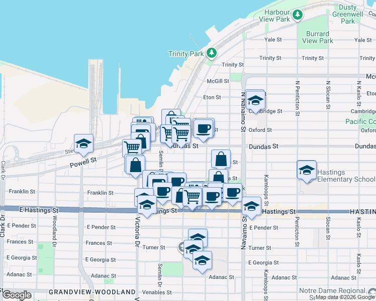 map of restaurants, bars, coffee shops, grocery stores, and more near 16 Lakewood Drive in Vancouver