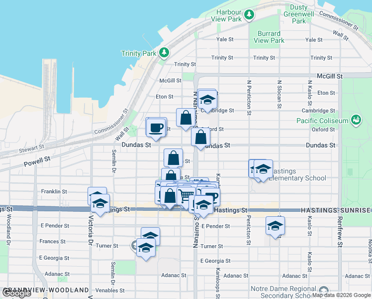 map of restaurants, bars, coffee shops, grocery stores, and more near 2320 Dundas Street in Vancouver