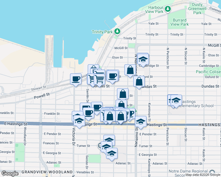 map of restaurants, bars, coffee shops, grocery stores, and more near 2154 Dundas Street in Vancouver