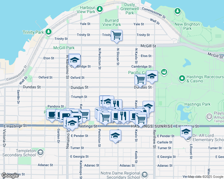 map of restaurants, bars, coffee shops, grocery stores, and more near 2658 Dundas Street in Vancouver