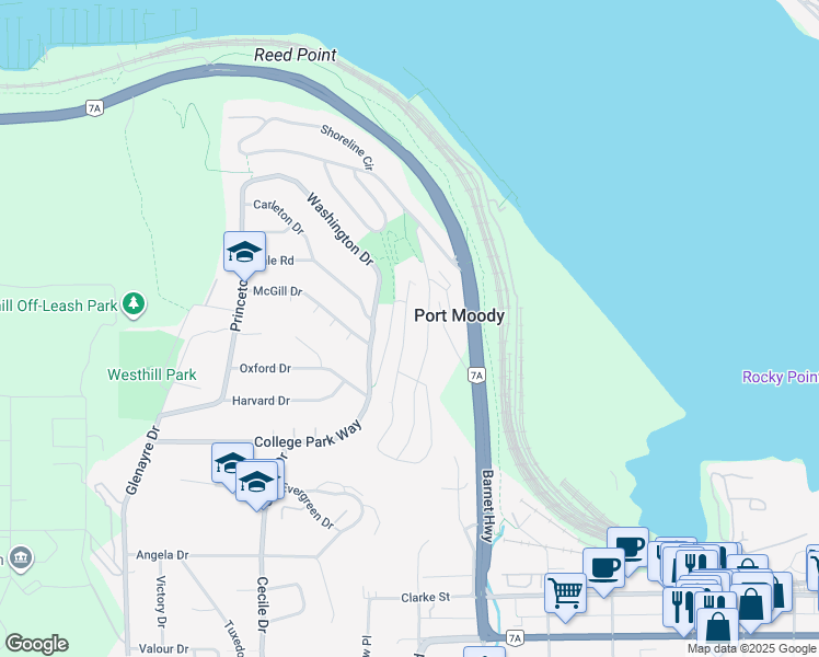 map of restaurants, bars, coffee shops, grocery stores, and more near 432 Cardiff Way in Port Moody