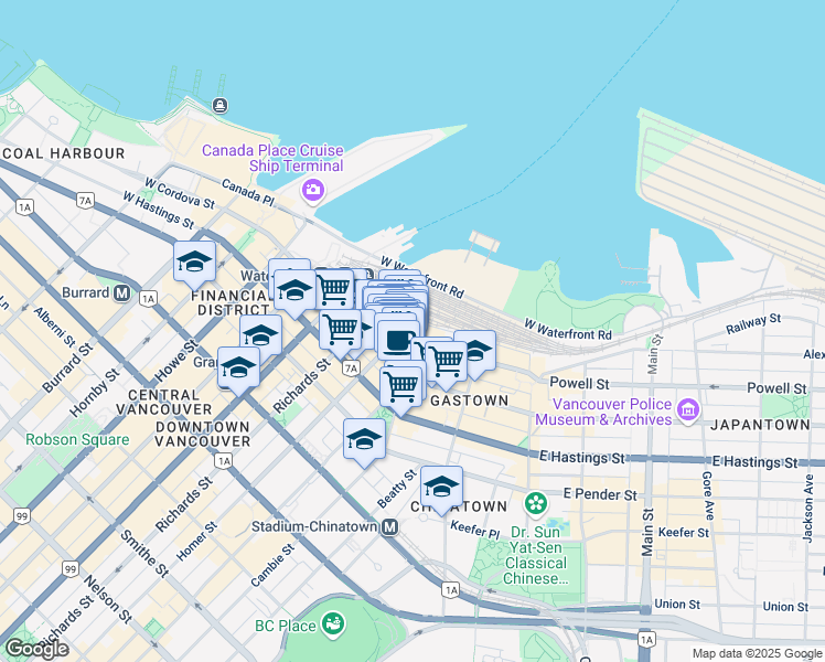 map of restaurants, bars, coffee shops, grocery stores, and more near 415 West Cordova Street in Vancouver