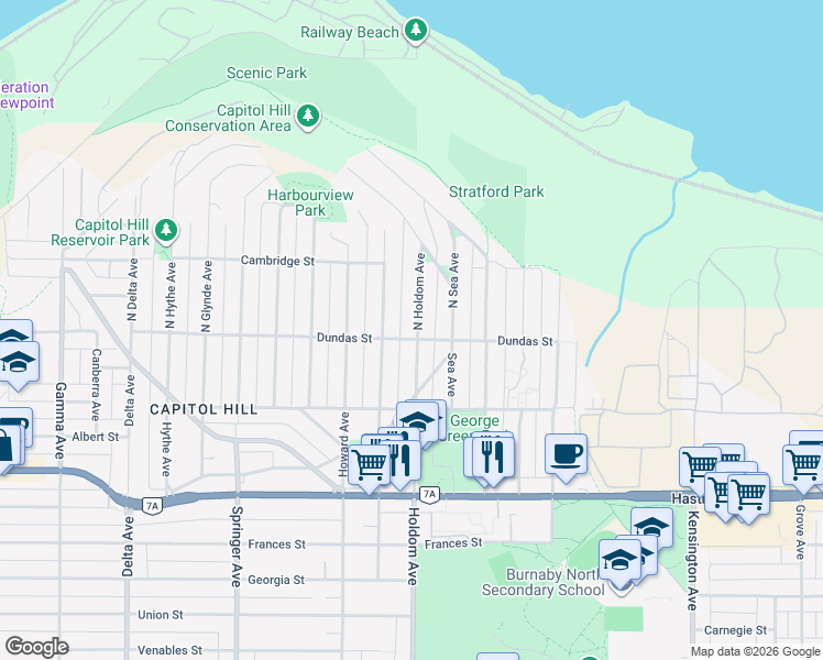 map of restaurants, bars, coffee shops, grocery stores, and more near 9 North Holdom Avenue in Burnaby