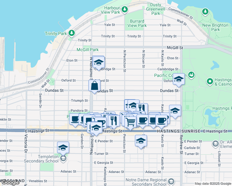map of restaurants, bars, coffee shops, grocery stores, and more near 2558 Dundas Street in Vancouver