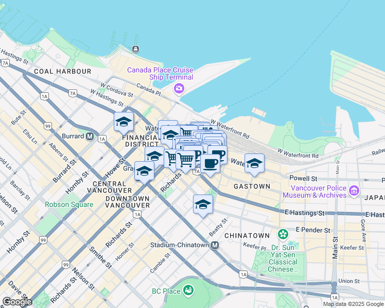 map of restaurants, bars, coffee shops, grocery stores, and more near 473 West Hastings Street in Vancouver