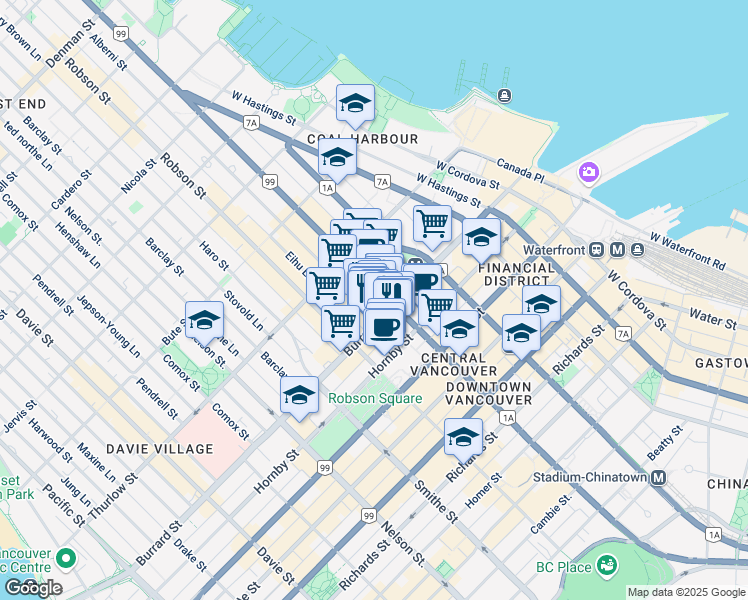 map of restaurants, bars, coffee shops, grocery stores, and more near 1030 West Georgia Street in Vancouver