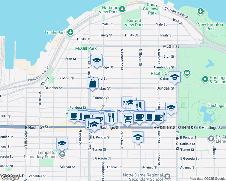 map of restaurants, bars, coffee shops, grocery stores, and more near 2554 Dundas Street in Vancouver