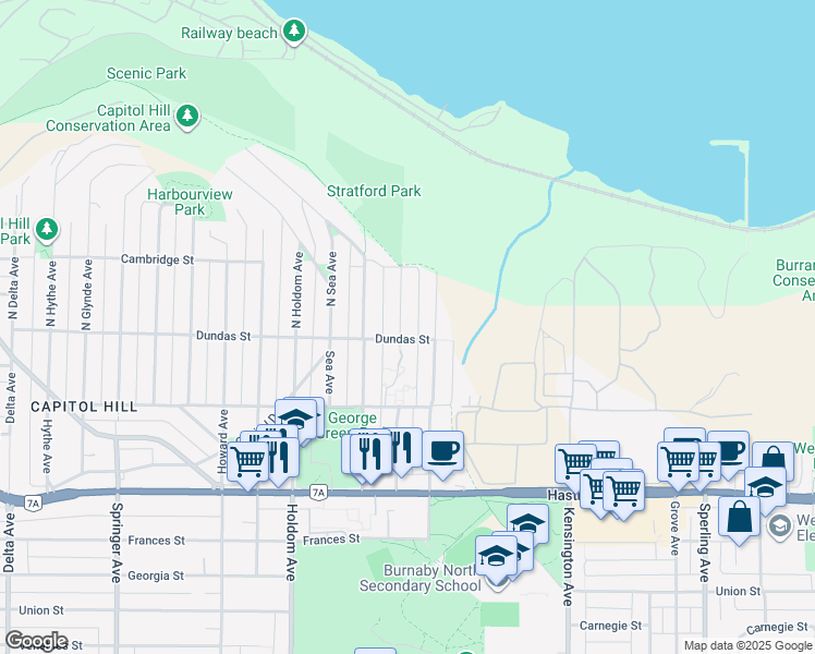 map of restaurants, bars, coffee shops, grocery stores, and more near 10 North Stratford Avenue in Burnaby