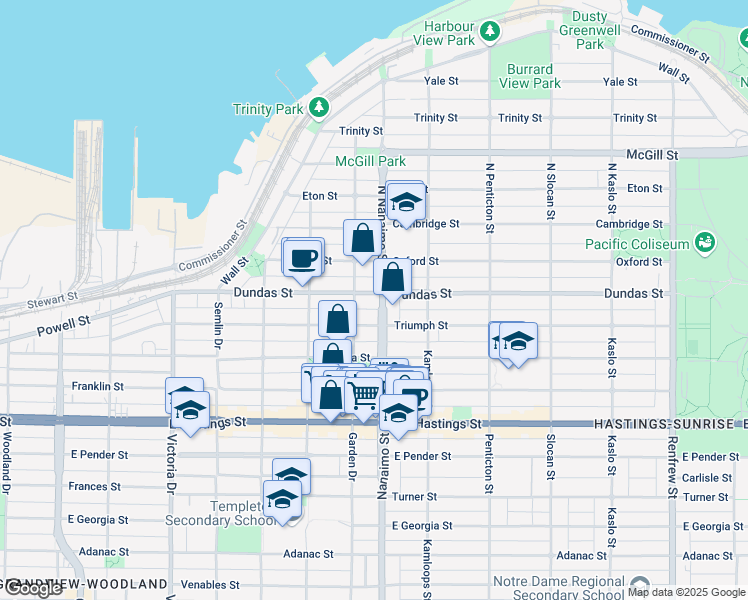 map of restaurants, bars, coffee shops, grocery stores, and more near in Vancouver