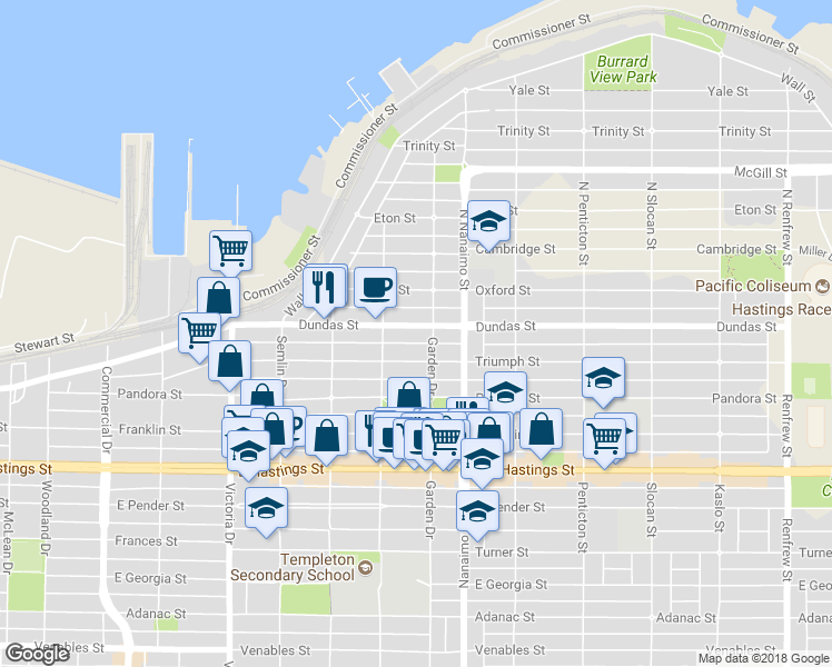 map of restaurants, bars, coffee shops, grocery stores, and more near in Vancouver