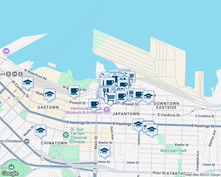 map of restaurants, bars, coffee shops, grocery stores, and more near in Vancouver