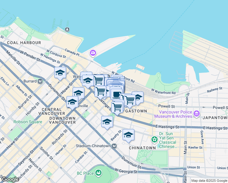 map of restaurants, bars, coffee shops, grocery stores, and more near 345 Water Street in Vancouver