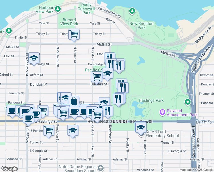map of restaurants, bars, coffee shops, grocery stores, and more near in Vancouver