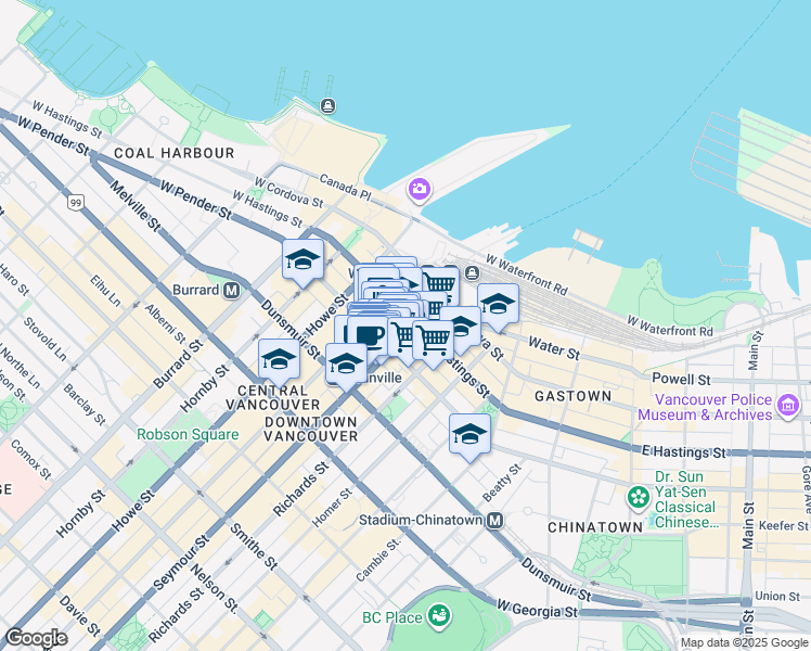 map of restaurants, bars, coffee shops, grocery stores, and more near 413 Seymour Street in Vancouver