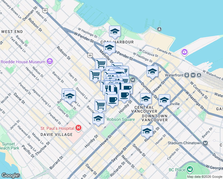 map of restaurants, bars, coffee shops, grocery stores, and more near in Vancouver