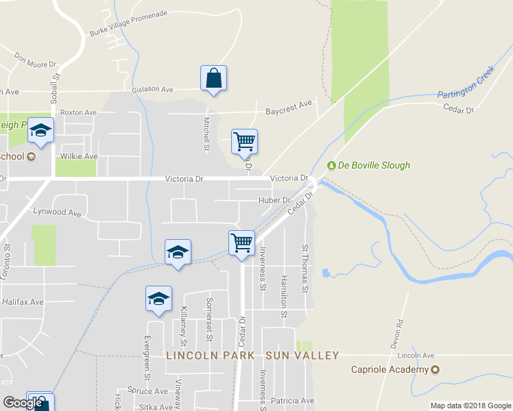 map of restaurants, bars, coffee shops, grocery stores, and more near 828 Huber Drive in Port Coquitlam