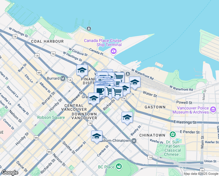 map of restaurants, bars, coffee shops, grocery stores, and more near in Vancouver