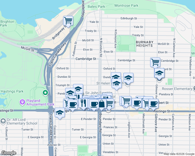 map of restaurants, bars, coffee shops, grocery stores, and more near 3690 Dundas Street in Vancouver