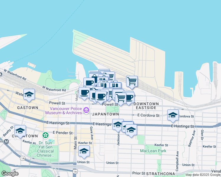 map of restaurants, bars, coffee shops, grocery stores, and more near 406 Alexander Street in Vancouver