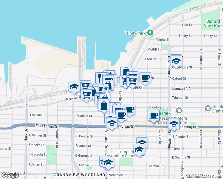 map of restaurants, bars, coffee shops, grocery stores, and more near 1930 Powell Street in Vancouver