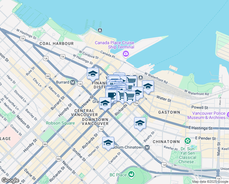 map of restaurants, bars, coffee shops, grocery stores, and more near in Vancouver