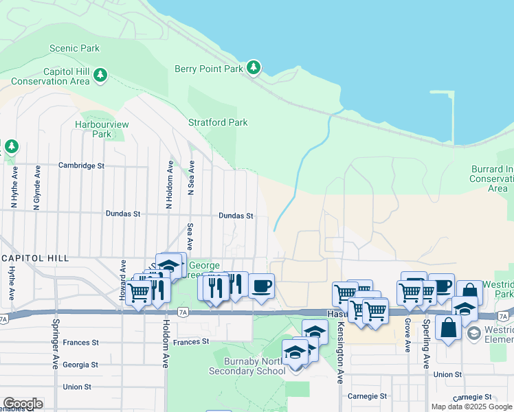 map of restaurants, bars, coffee shops, grocery stores, and more near 10 Fell Avenue North in Burnaby