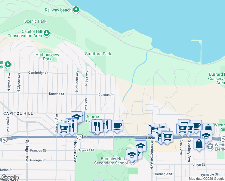 map of restaurants, bars, coffee shops, grocery stores, and more near 15 North Fell Avenue in Burnaby
