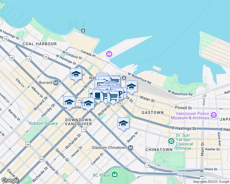 map of restaurants, bars, coffee shops, grocery stores, and more near 555 West Hastings Street in Vancouver