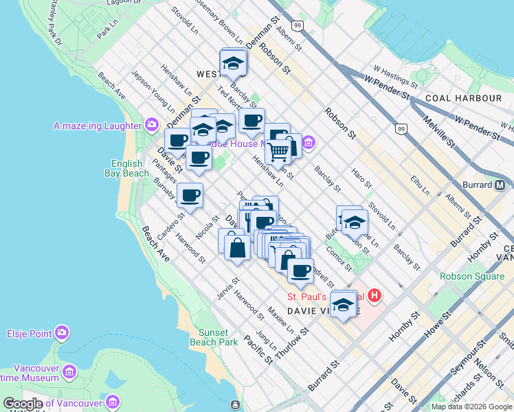 map of restaurants, bars, coffee shops, grocery stores, and more near 1405 Pendrell Street in Vancouver
