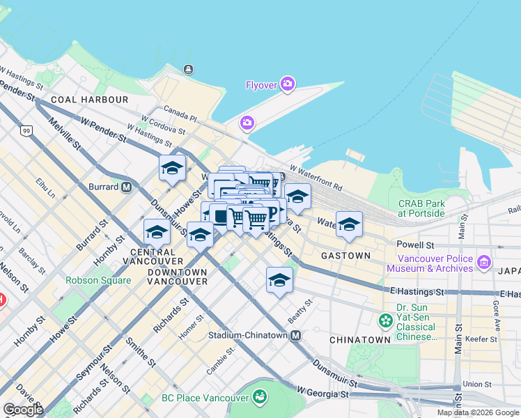 map of restaurants, bars, coffee shops, grocery stores, and more near 555 West Hastings Street in Vancouver
