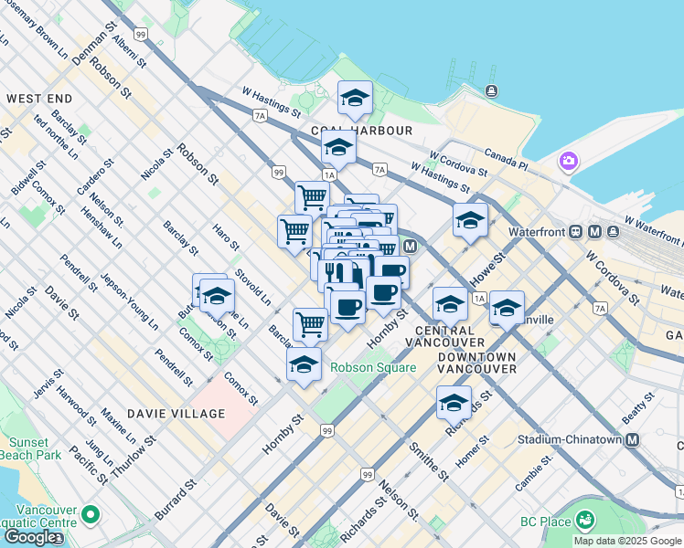 map of restaurants, bars, coffee shops, grocery stores, and more near in Vancouver